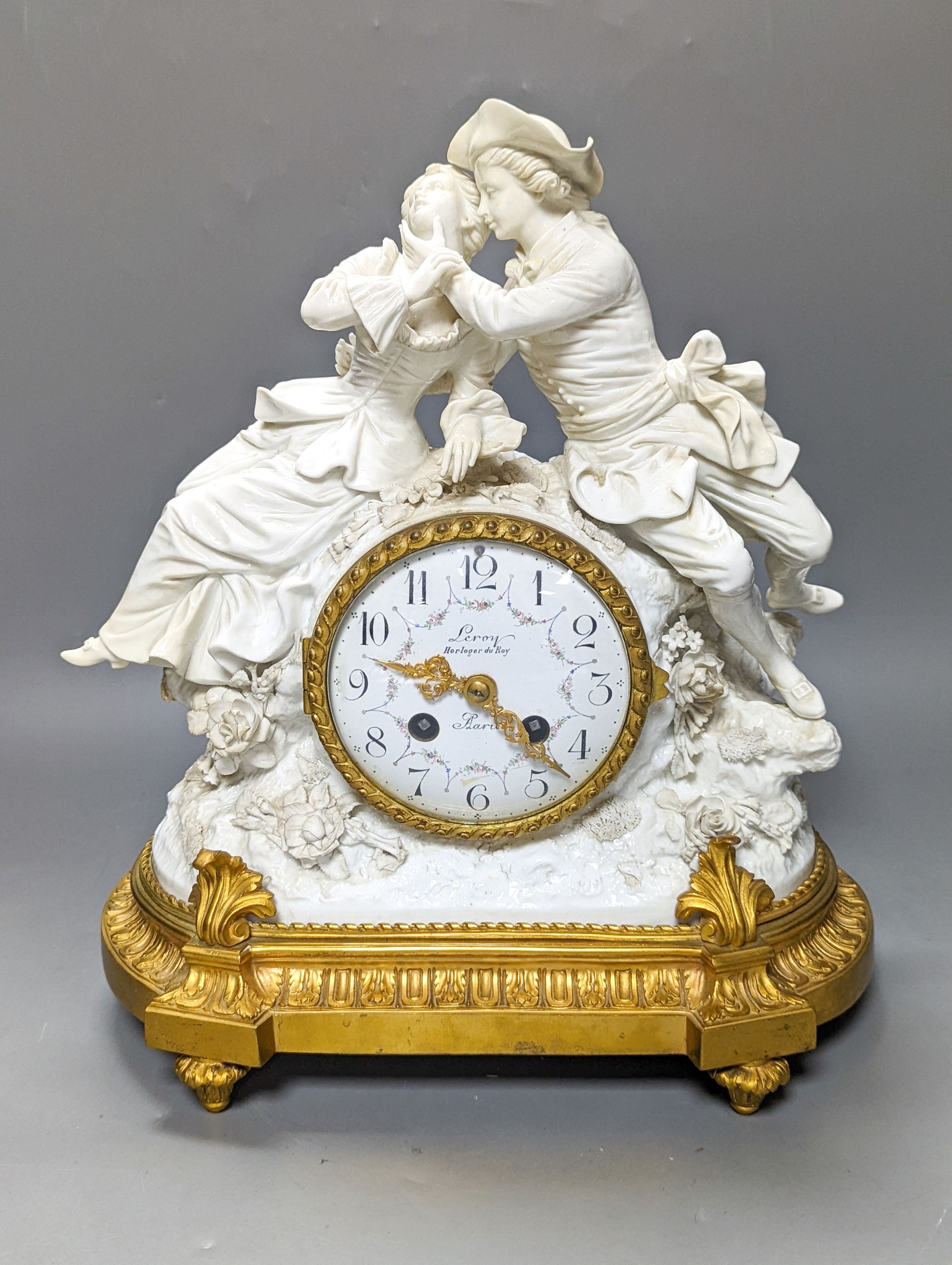 A late 19th century ormolu mounted Naples white porcelain mantel clock, width 30cm height 32.5cm
